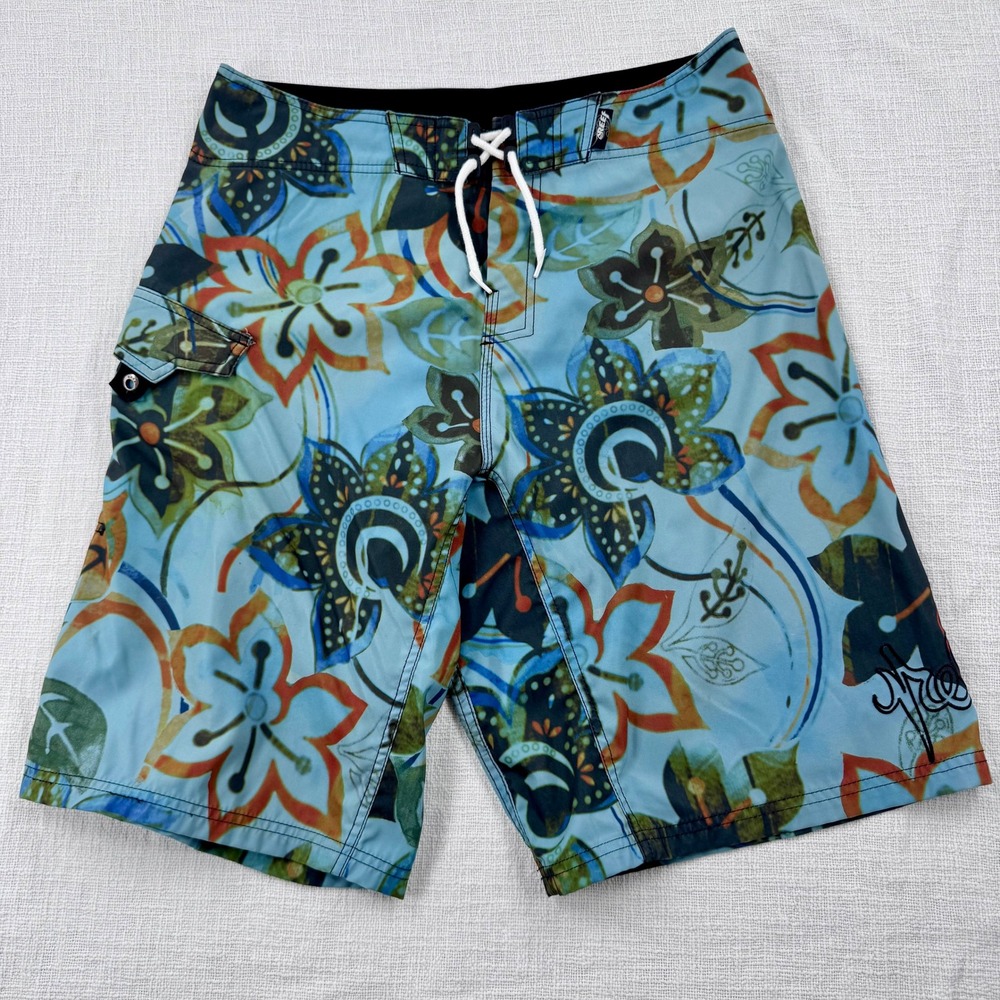 Reef Mens Vintage Y2K Board Shorts 36 Aqua Blue Tropical Floral Swim Trunks Surf